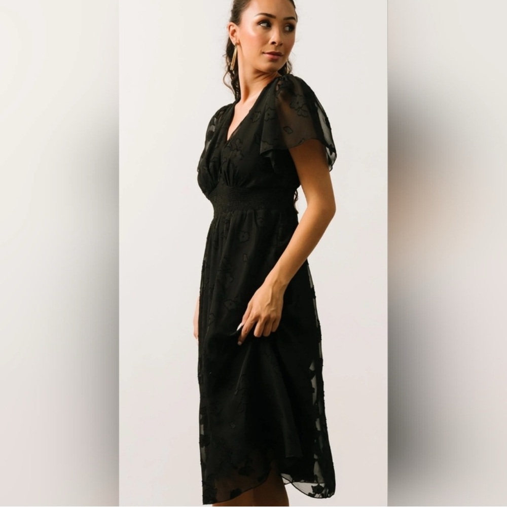 Baltic Born June Dress Black Floral V Neck Midi Short Sleeves